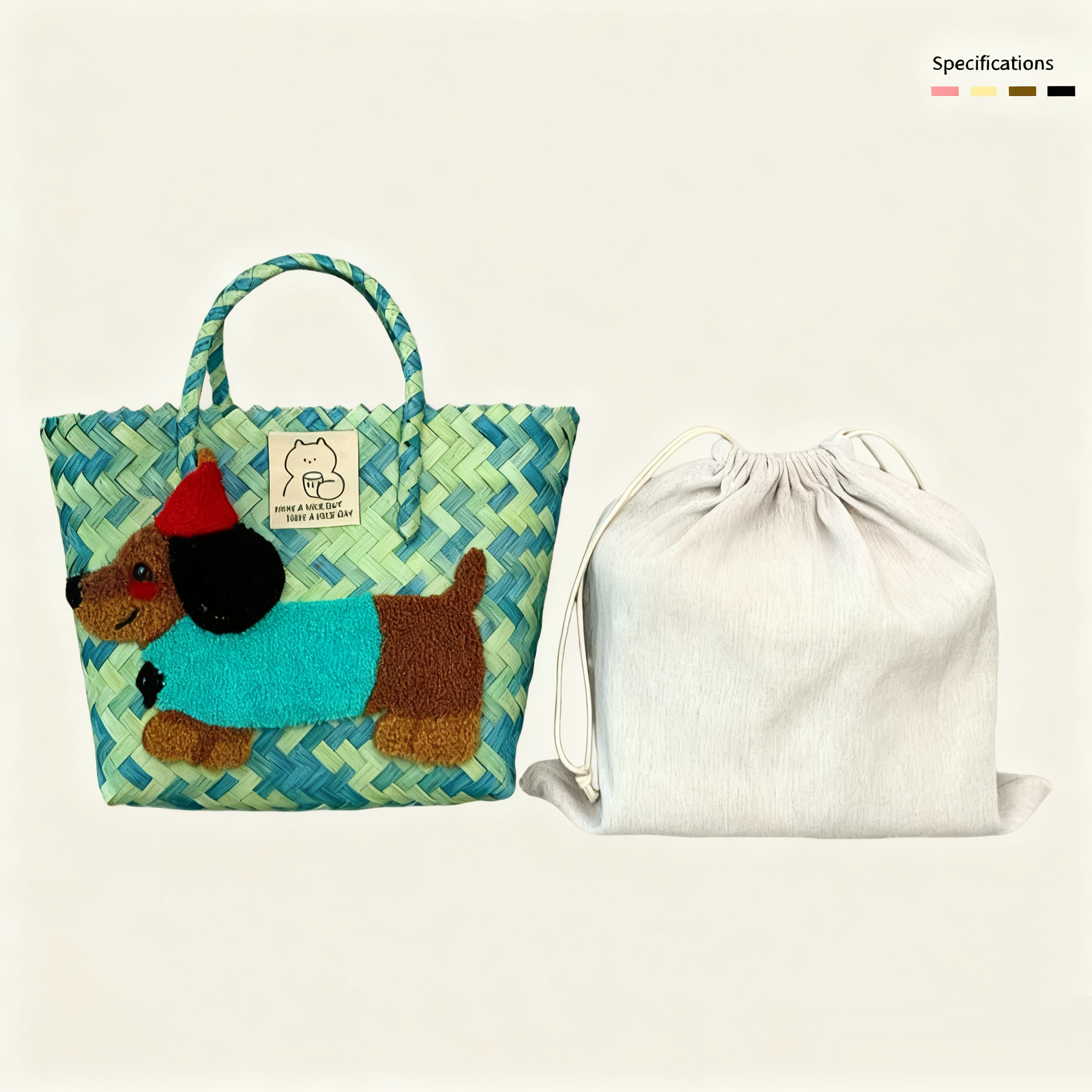 Large capacity sausage dog hand woven cabbage basket rattan woven handbag office miscellaneous carry bag picnic women's bag