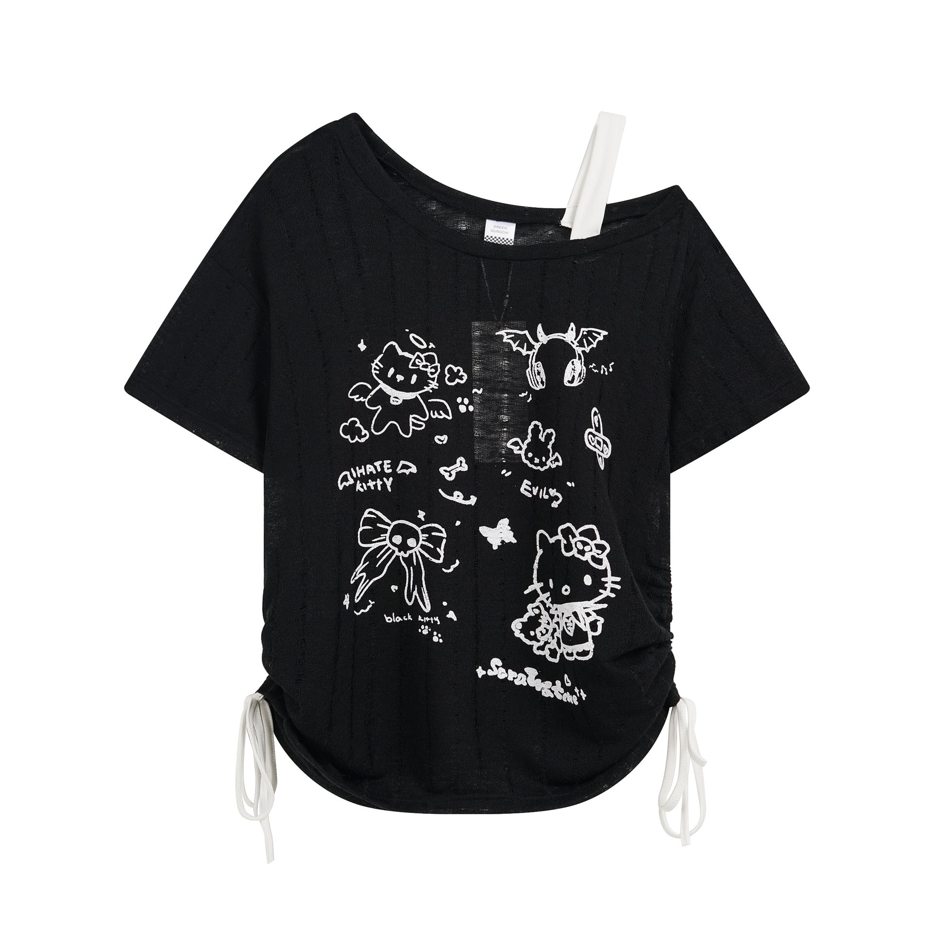 Cartoon Kitty Print T-Shirt with Contrast Shoulder Straps, Fitted Slim Fit Short Sleeve