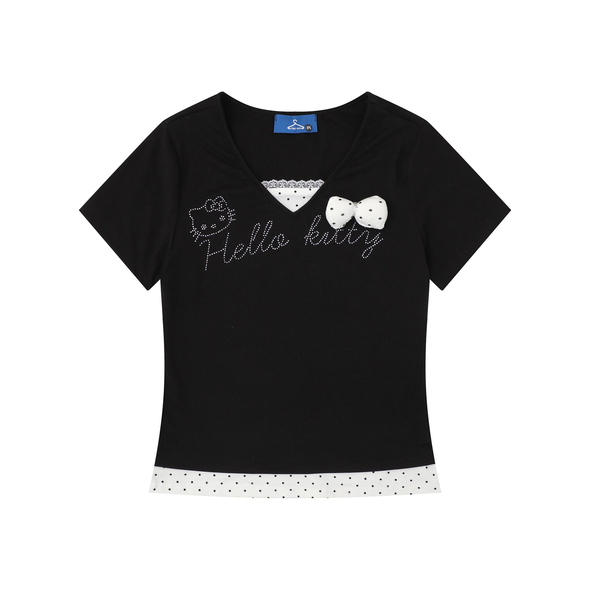 Rhinestone Polka Dot False Two-Piece T-Shirt with Lace Trim Bow Sweet Girl Style Short Sleeve
