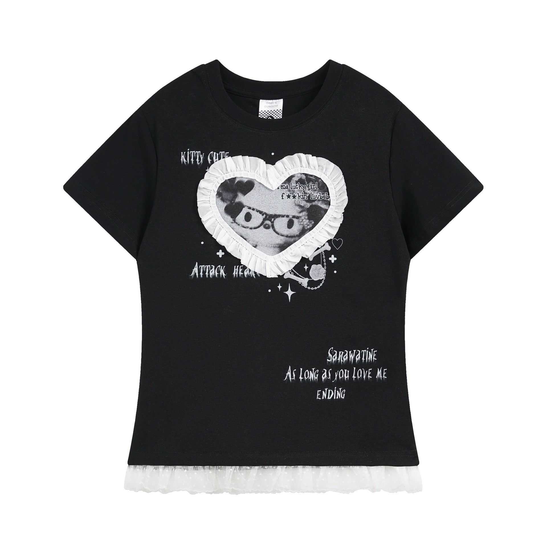 Short Sleeve T-Shirt for Women with Lace Trim Hem, Color-Blocked Edge